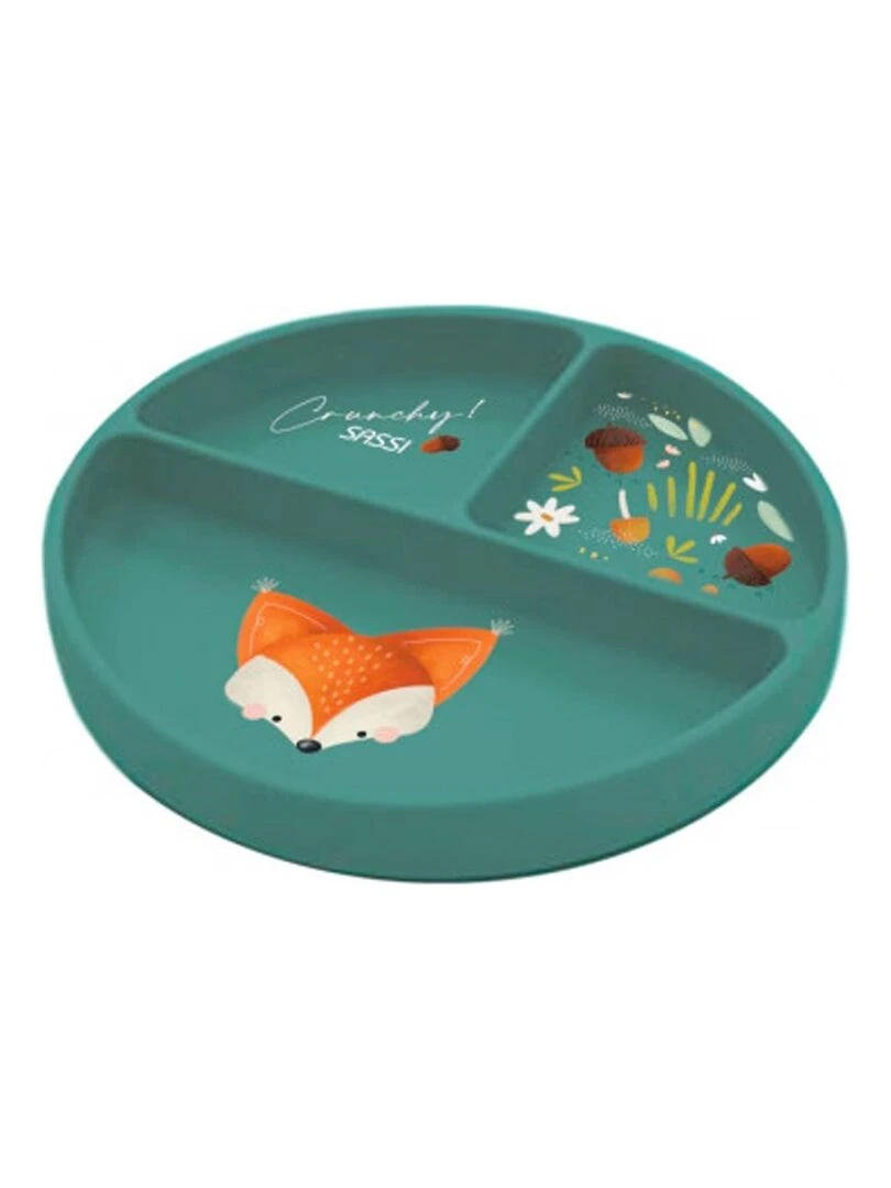 Assiette compartimentée en silicone avec ventouse Animaux Vert forêt