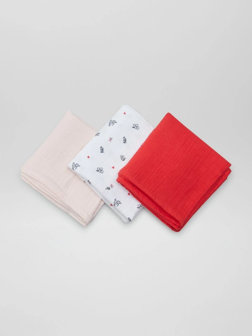 Lot de 3 langes en gaze de coton Blanc/rouge/rose