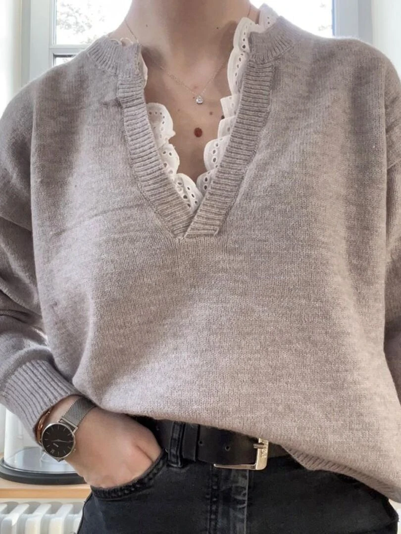 Pull broderie Eden Gris