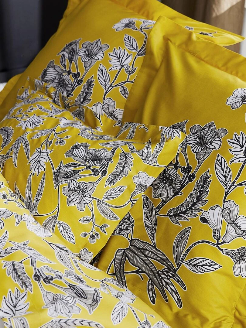 Ensemble drap plat et 2 taies en satin Botanic   Jaune