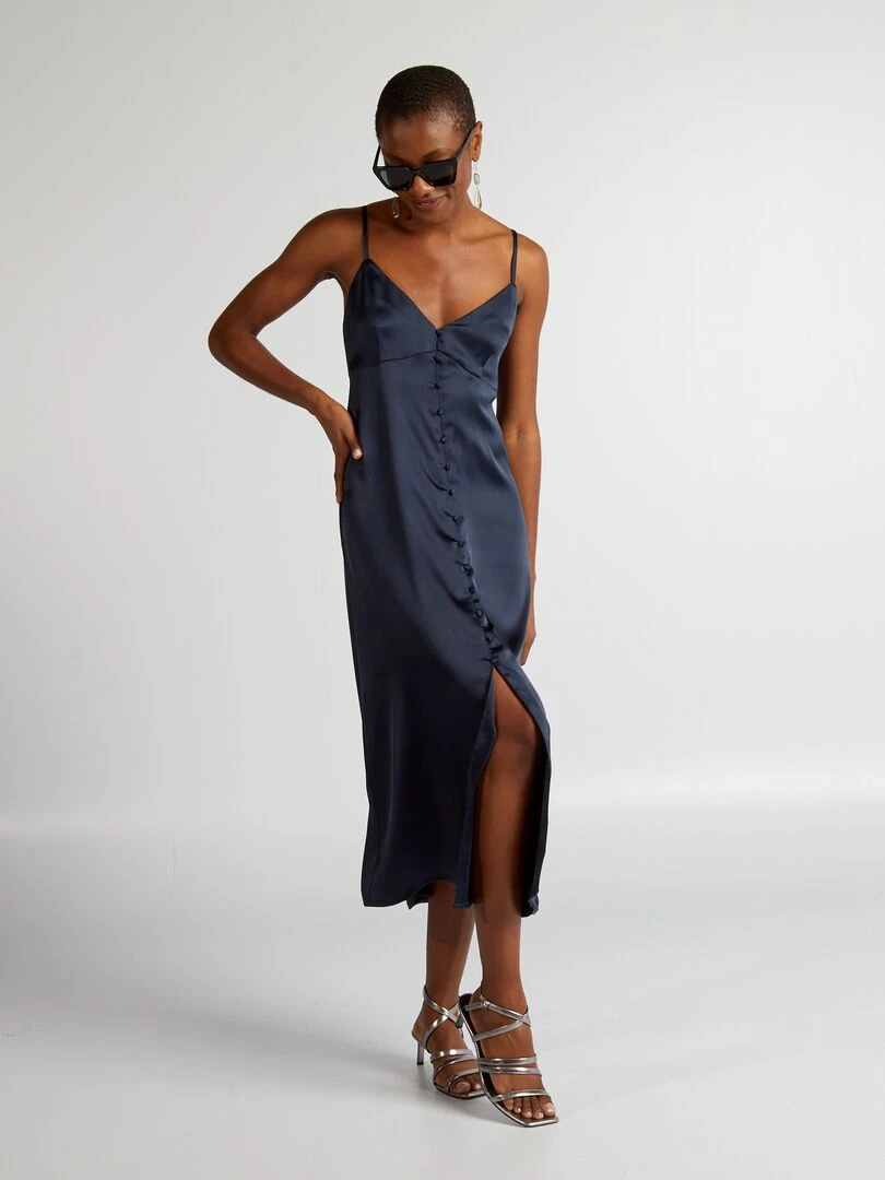 Robe en satin avec ouverture boutonnée   bleu marine