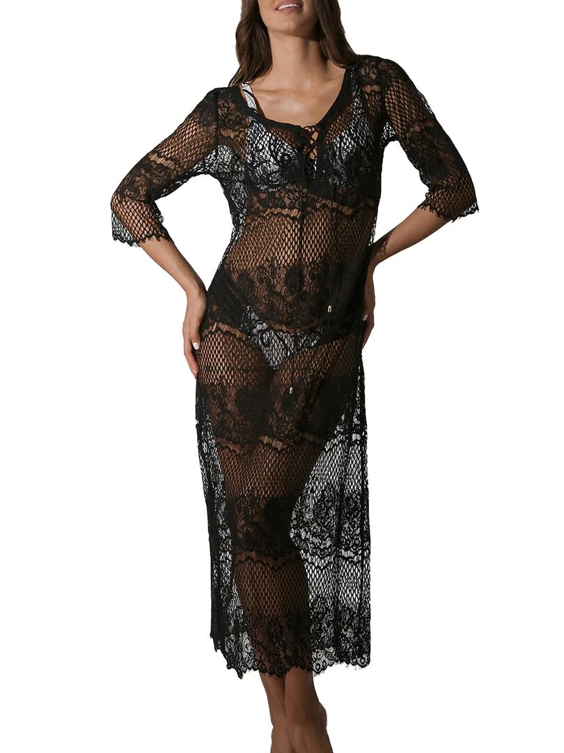 Robe de plage longue dentelle transparente Malibu noir Noir