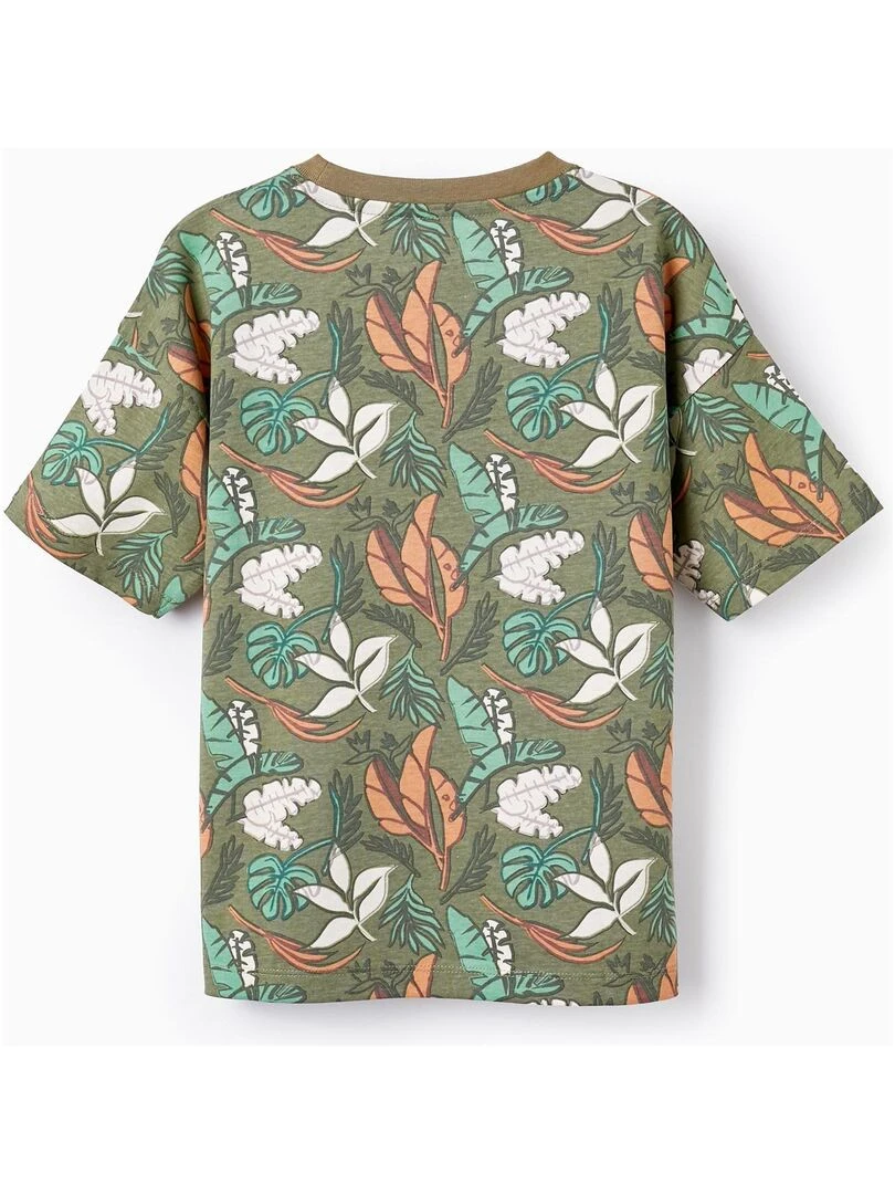 T SHIRT Estampée en Coton pour Garçon 'Feuilles' manches courtes Vert foncé