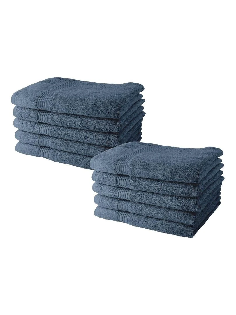 Lot de 10 serviettes de toilette coton uni ESSENTIAL Bleu gris