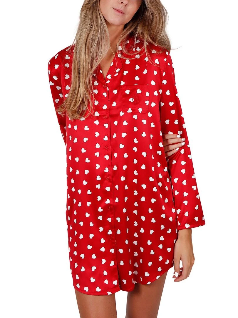 Chemise de nuit satin manches longues Love Christmas Rouge