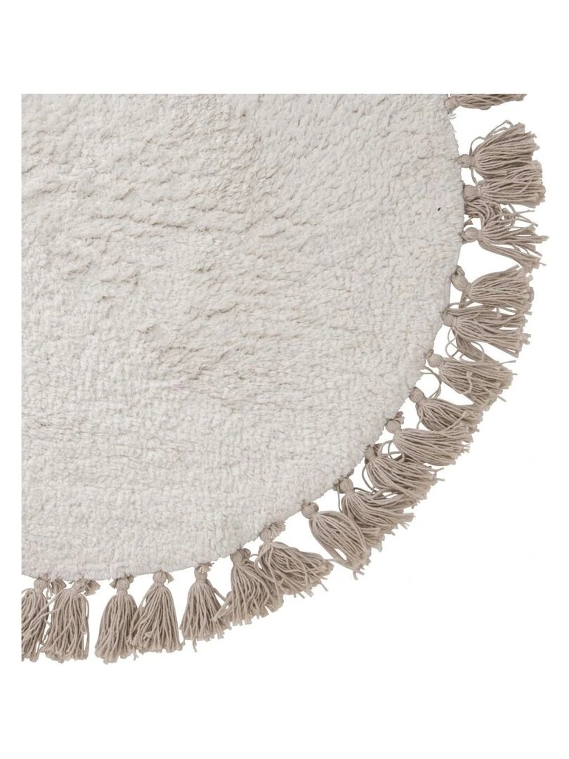 Guy Levasseur   Tapis enfant en coton uni ecru et taupe à pompons   Blanc