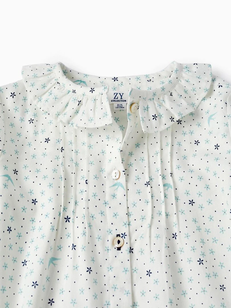 Blouse en sergé de coton à motif pour fille 'Flowers & Birds' manches longues SPRING BEGINS   Bleu clair