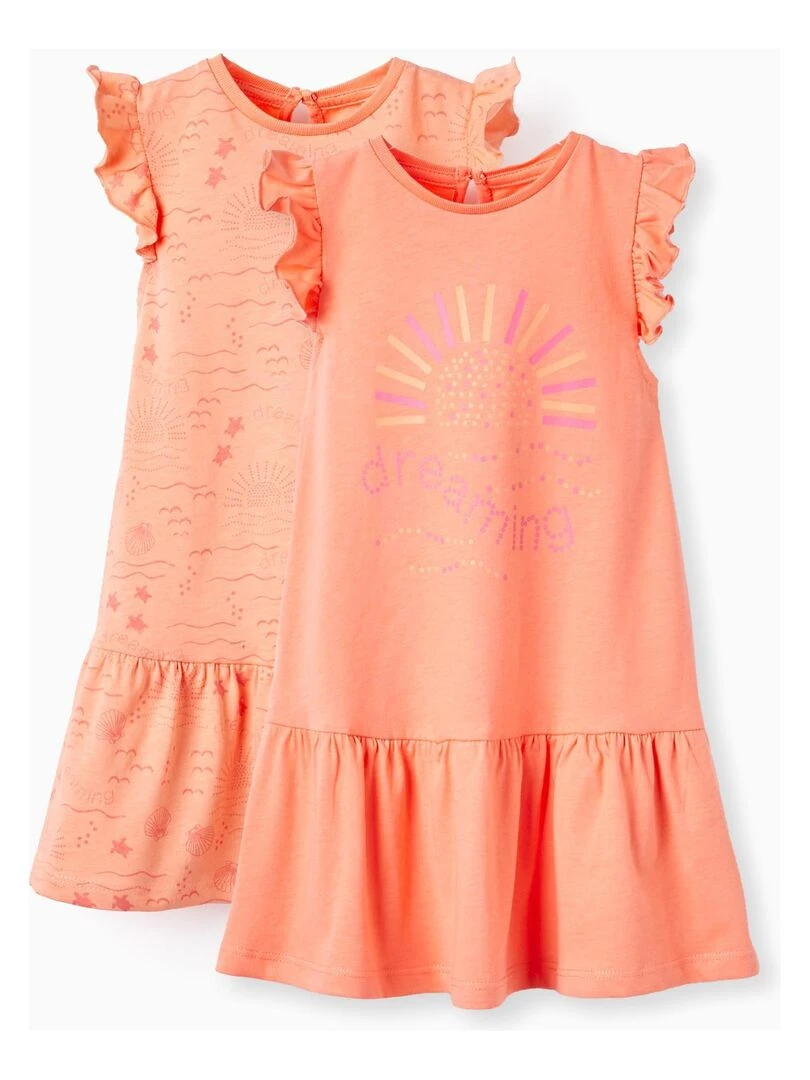 Pack 2 Robes en Coton pour Bébé Fille 'Dreaming' manches courtes EXPLORING AUSTRALIA Blanc Orange clair