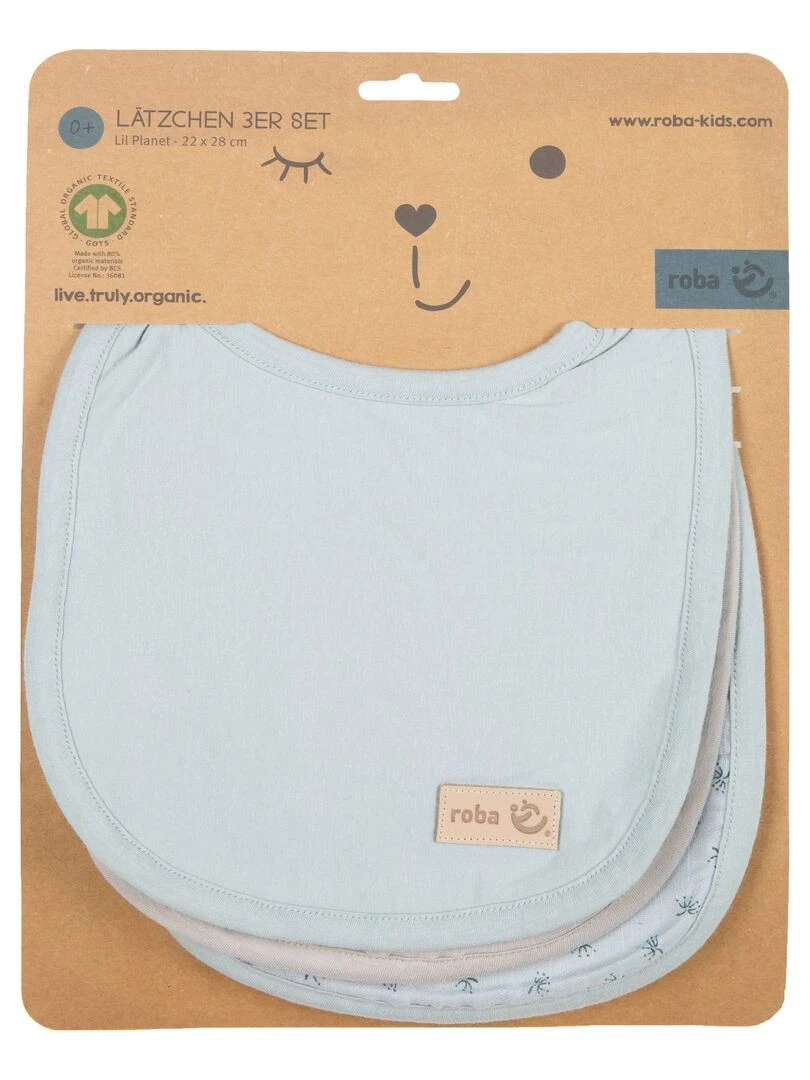 ROBA Lot 3 Bavoirs en Coton Bio 'Lil Planet' Ajustable   Certifié Gots   Bleu clair/gris   Bleu Gris clair