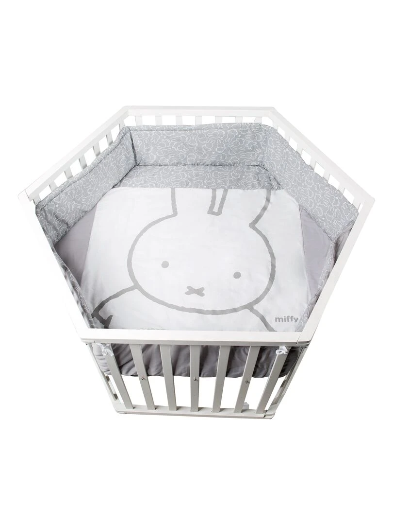 ROBA Parc Bébé Hexagonal en Bois "Miffy" + Tapis de Parc Bébé Hauteur Réglable Blanc Blanc