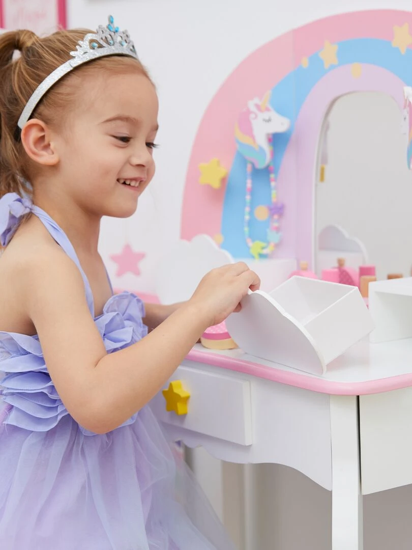 Fantasy Fields Par Teamson Kids Coiffeuse Enfant Table De Maquillage Arc En Ciel & Licorne Blanc