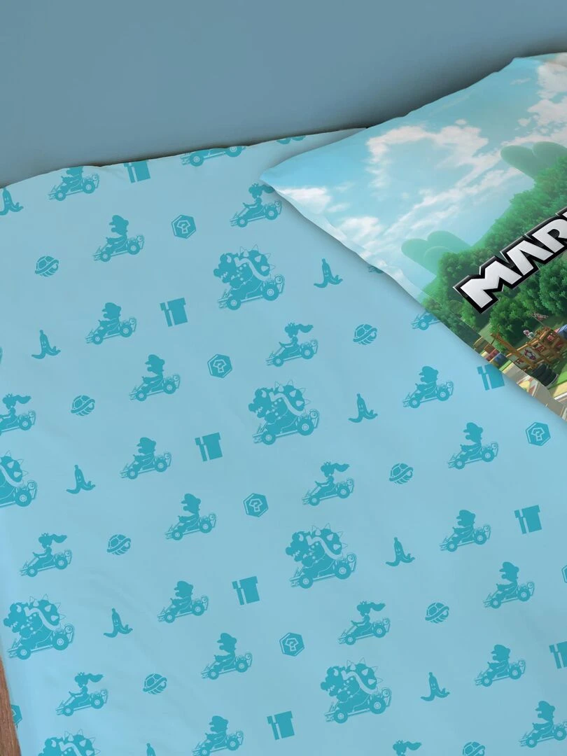 Drap housse imprimé 100% coton  MARIO UP SIDE DOWN   Bleu