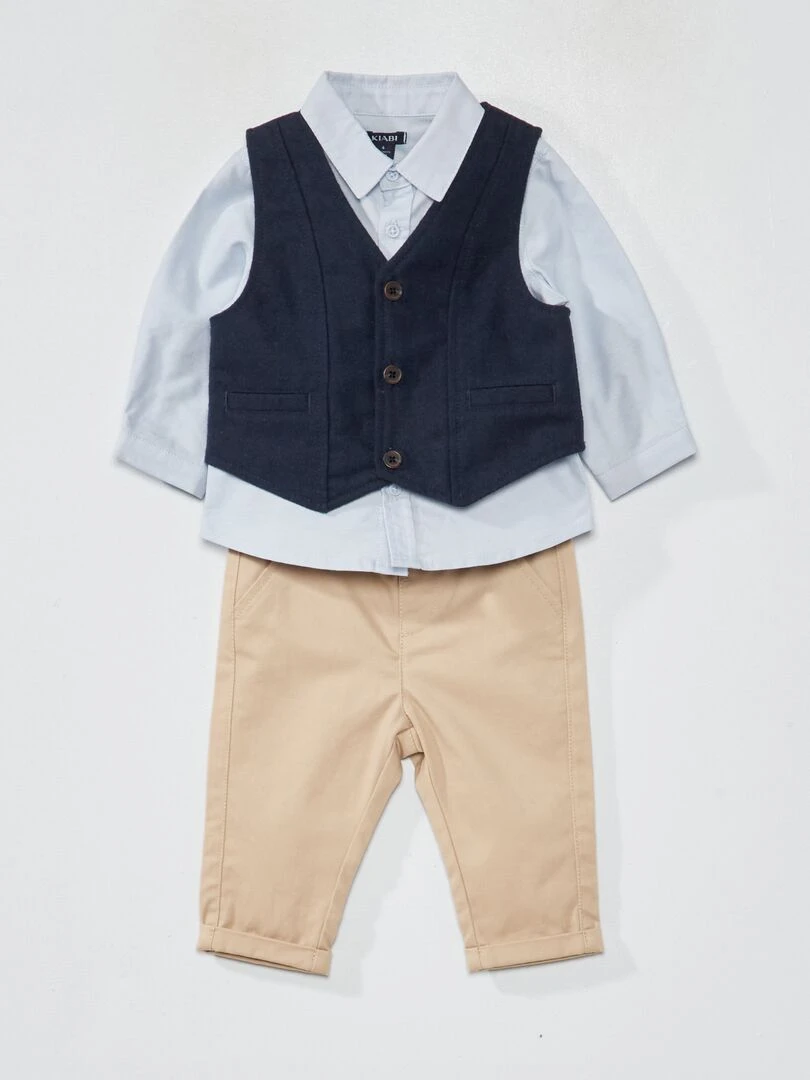 Ensemble chemise + gilet de costume + pantalon 3 pièces Bleu/beige