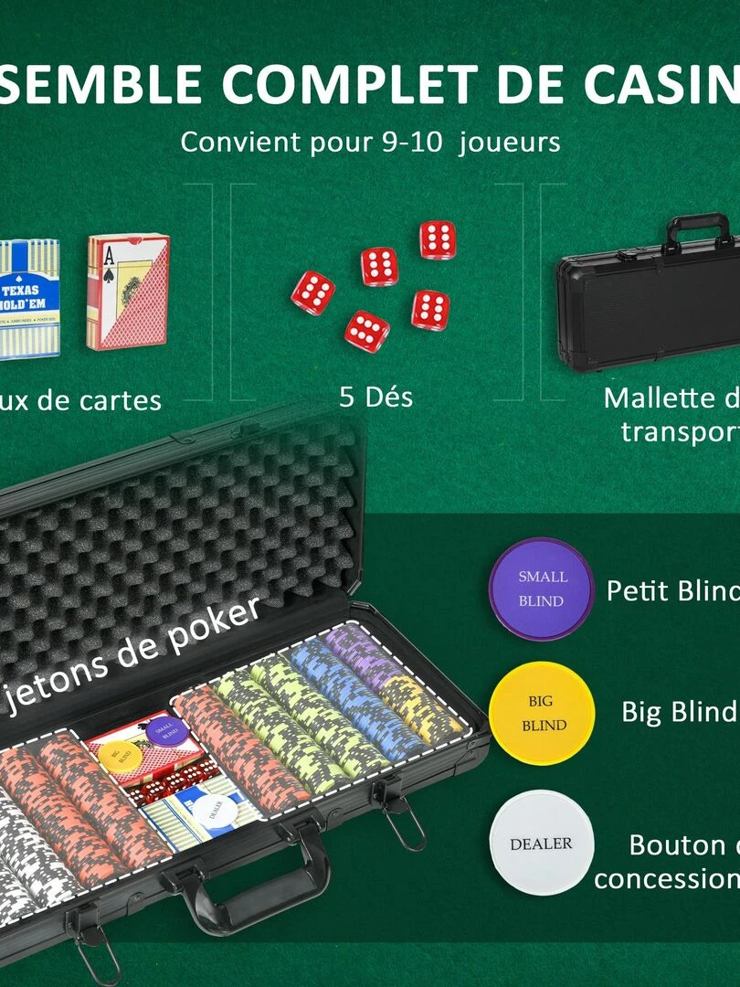 Mallette pro de poker coffret pro poker 500 jetons 2 jeux cartes 5 dés 3 boutons aluminium noir   N/A