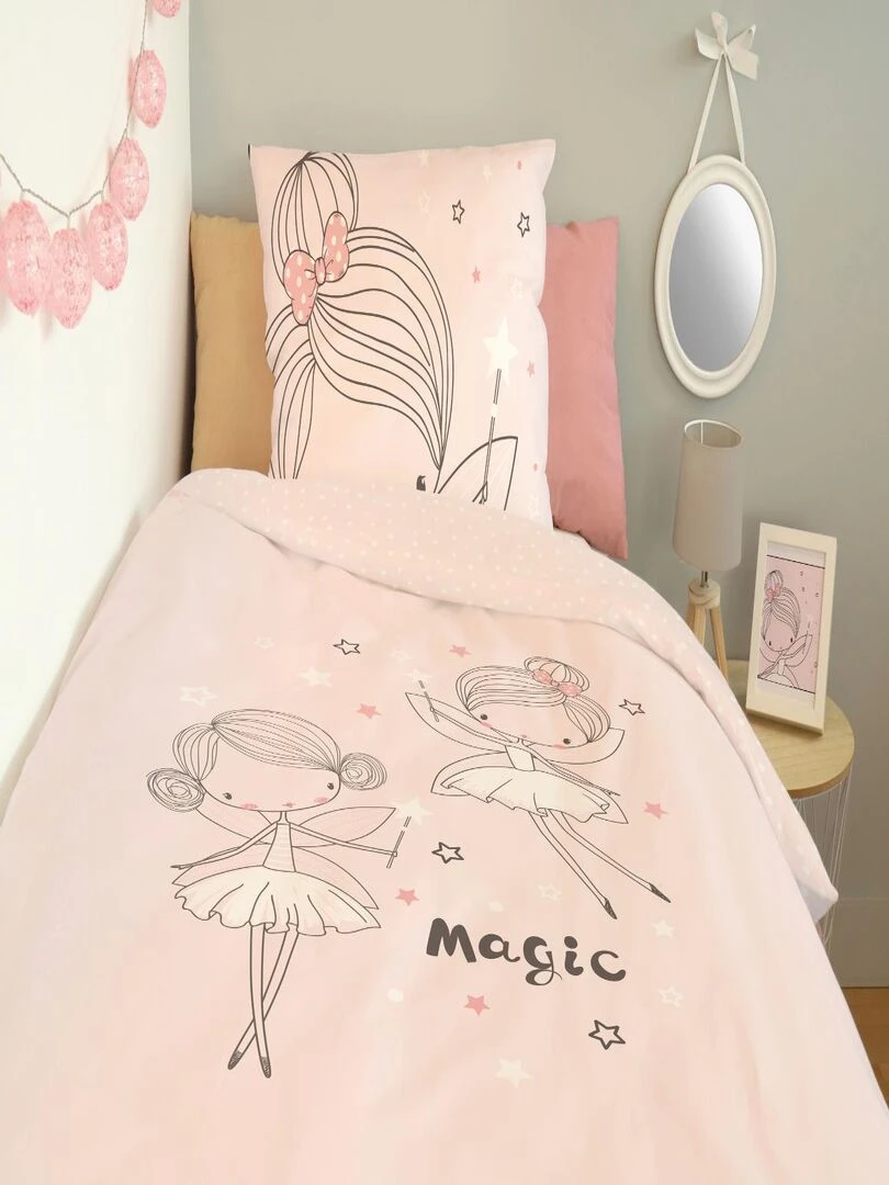Housse de couette Fée Lou&Loup 140x200 cm et taie d'oreiller   100% Coton   Rose