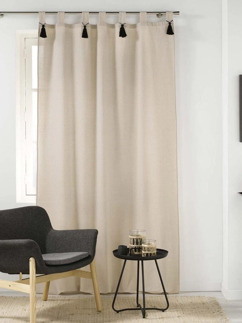 Rideau à passants 140x240 pompons uni Cyrine polycoton Beige