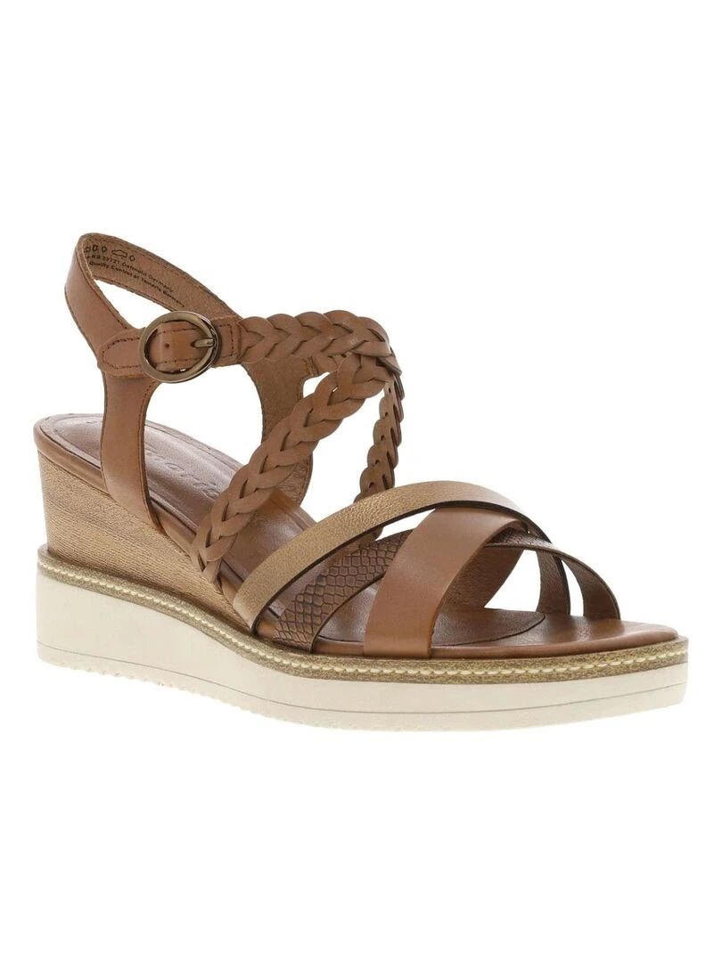 TAMARIS Nu pieds cuir talon compensé haut Cognac