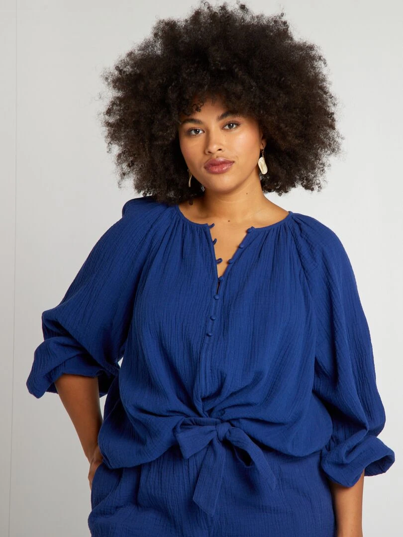 Blouse unie en gaze de coton Bleu