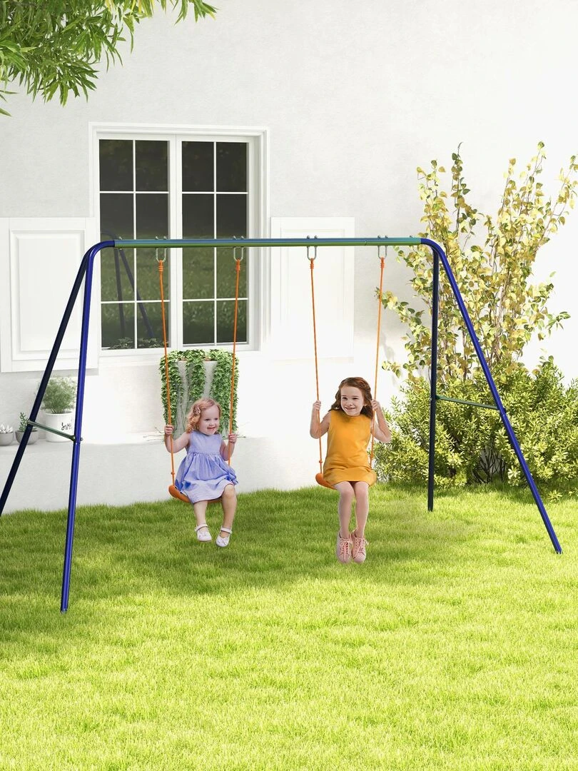 Balançoire 2 agrès portique avec 2 balançoires vert bleu orange   Bleu