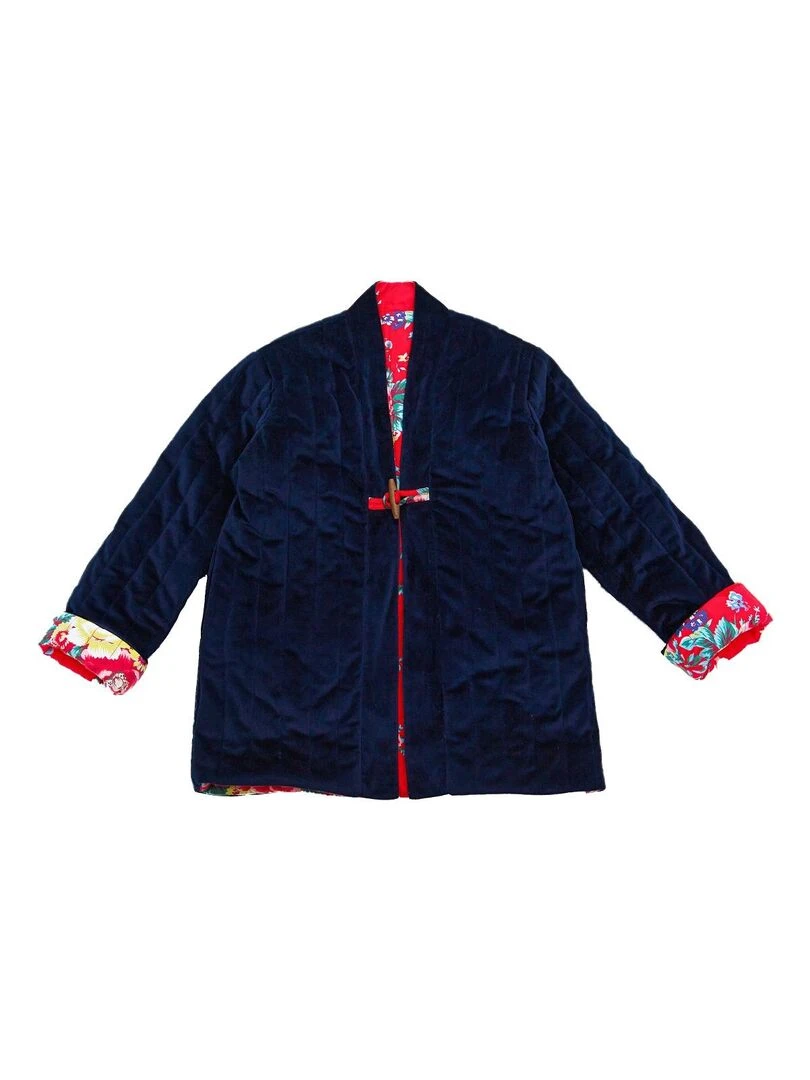 Veste Chinoise Fille  Velours Bleu Marine Réversible Fleurie Rouge  KIM    'LA FAUTE A VOLTAIRE'   Bleu marine