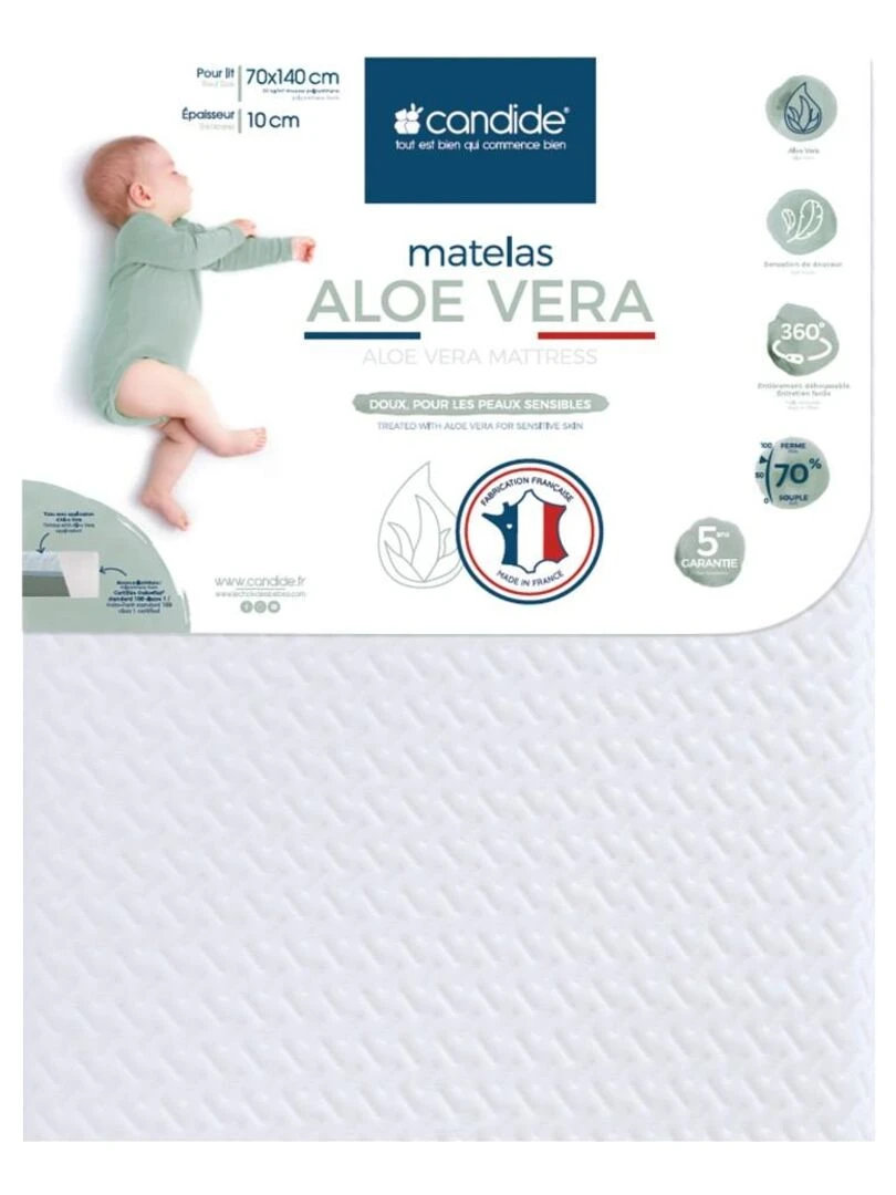 Candide Matelas bébé 70x140cm Aloé Vera déhoussable 360° Blanc