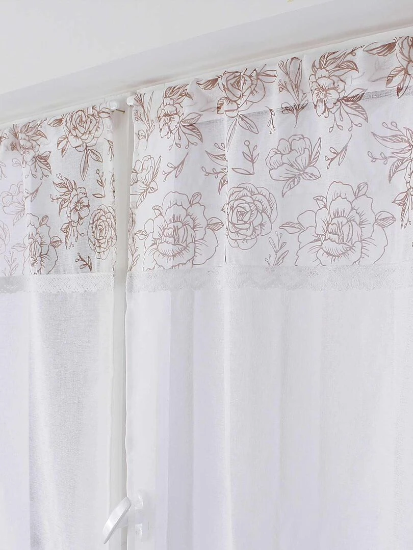 Paire de vitrages avec top imprimé de roses   Beige