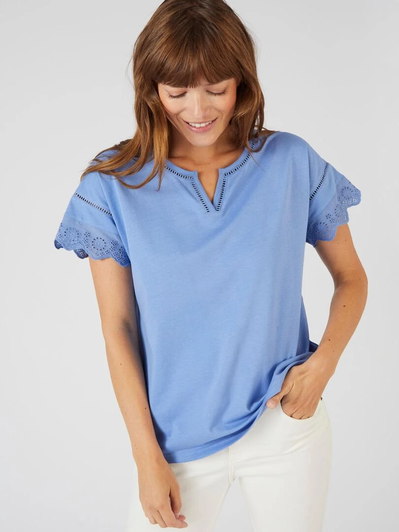 T shirt broderies anglaises pur coton Damart Bleu