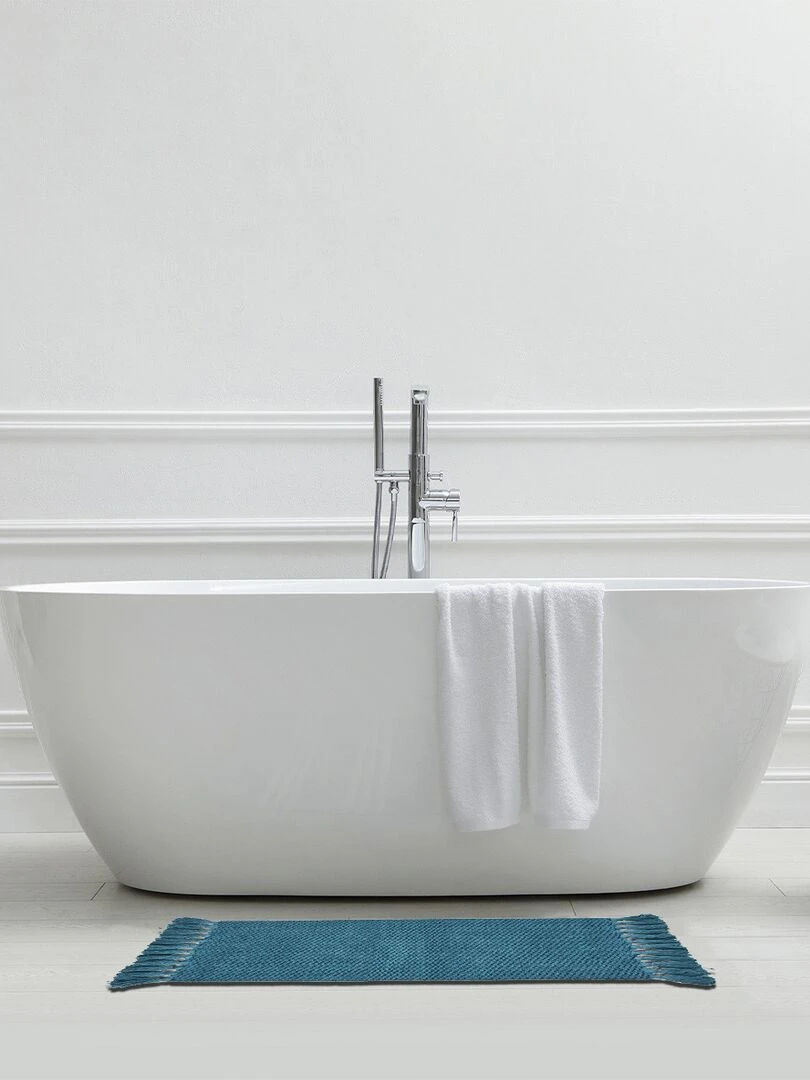 Guy Levasseur Tapis de bain en coton uni à pompons Bleu canard