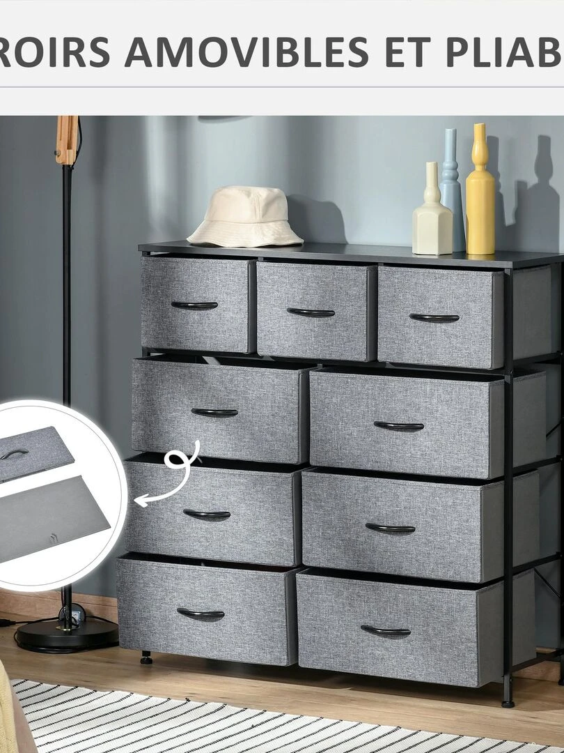 Rangement commode 9 tiroirs plateau acier MDF noir non tissé gris   Gris