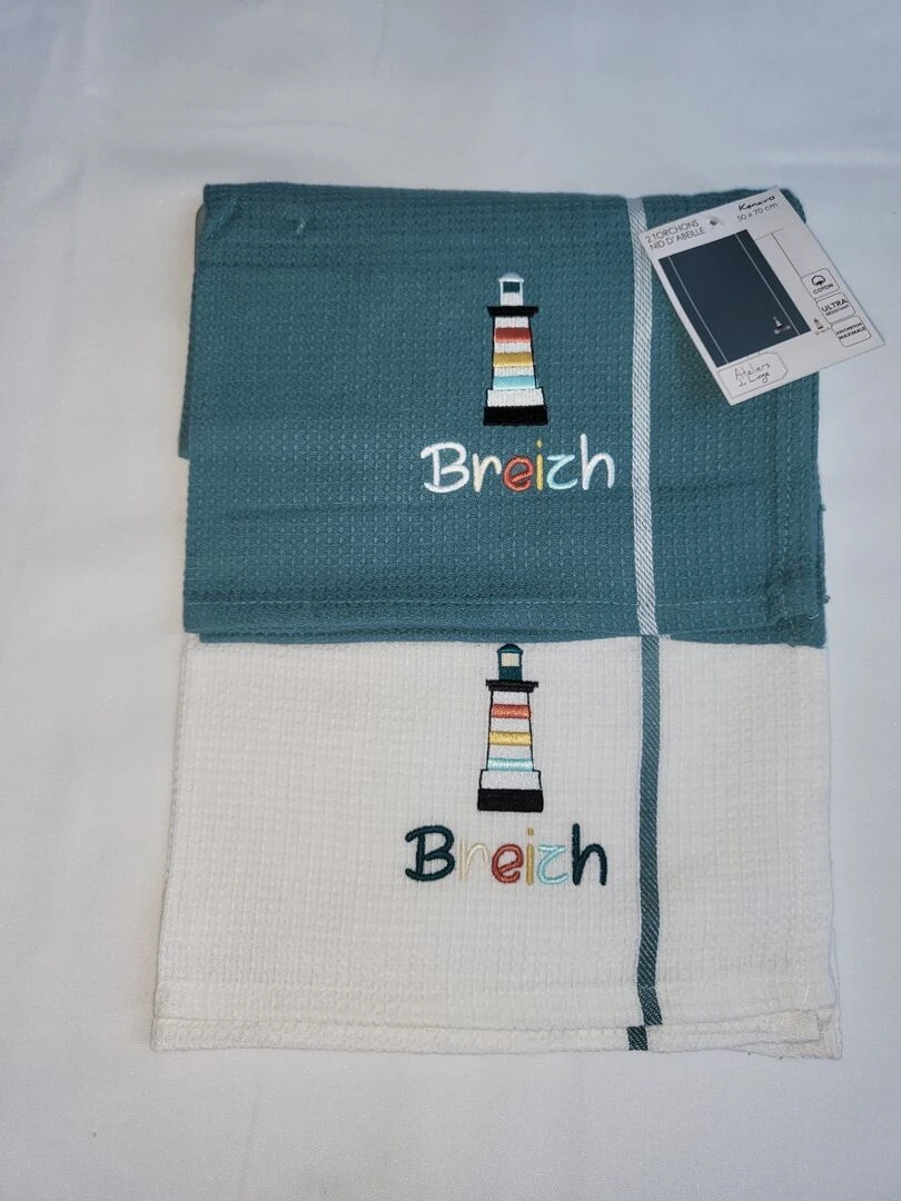 Lot de 2 torchons nid d abeille 50 x 70 cm Phare breizh bretagne Multicolore