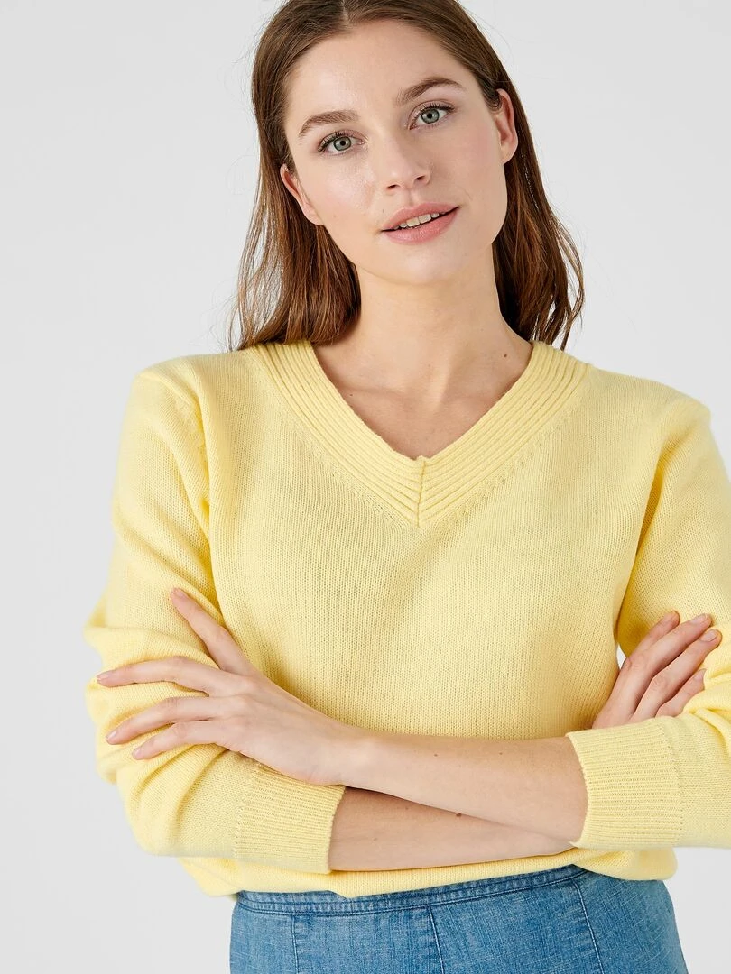 Pull col "V" maille jersey Damart Jaune pâle