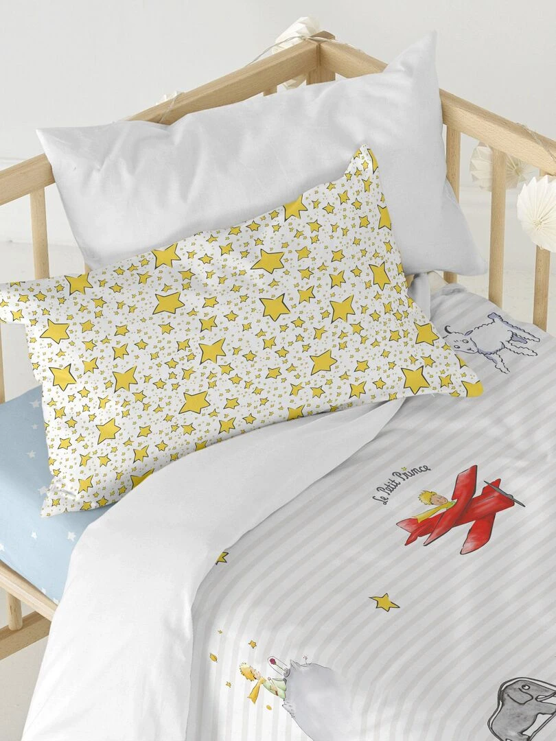 Parure housse de couette 2 pièces Son monde Lit Bébé "Happyfriday" Bleu Jaune Blanc