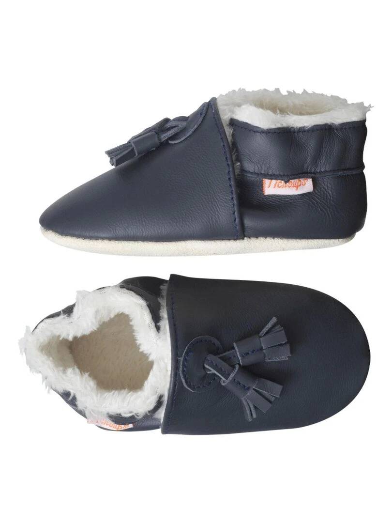 Chaussons cuir souple marine à pampilles fourrés Bleu Bleu