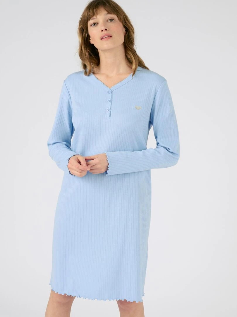 Chemise de nuit maille interlock côtelée douce et souple Damart Bleu