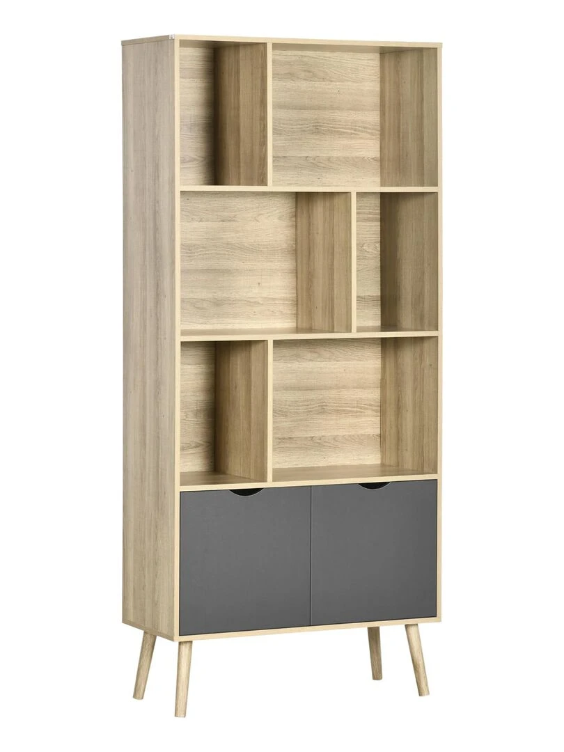 Bibliothèque design 2 portes 6 niches dim. 80L x 35l x 180H cm aspect chêne clair gris Beige