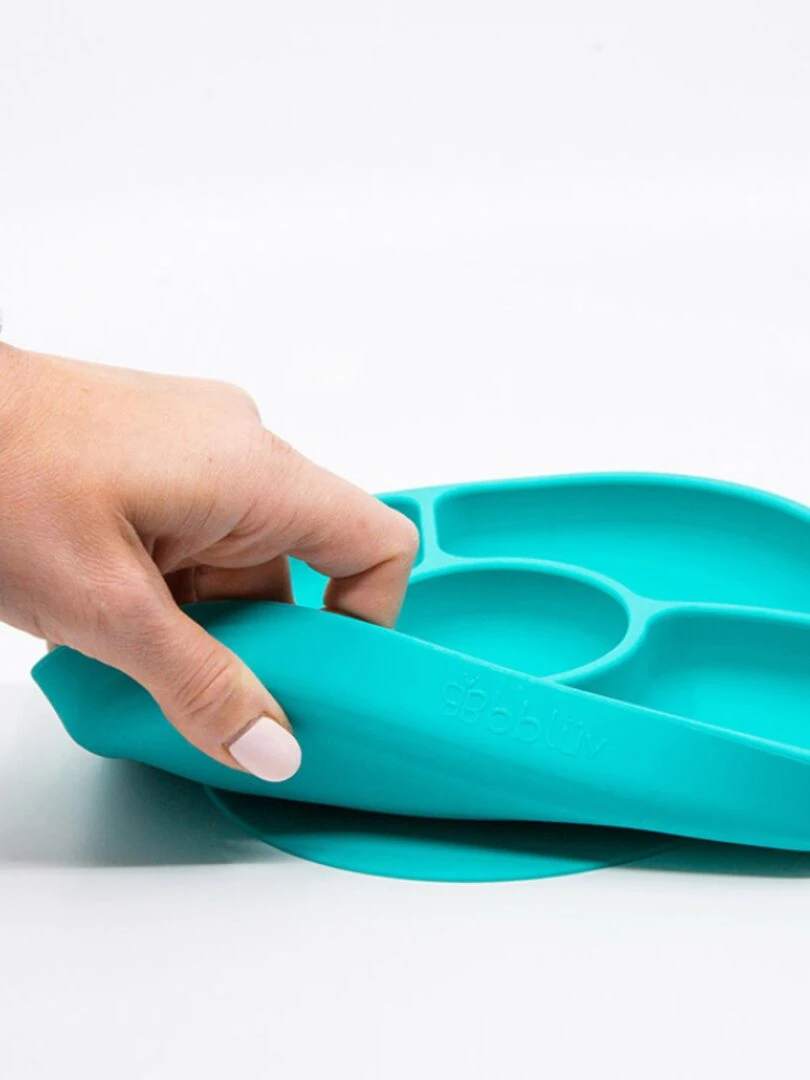 Assiette à compartiments avec ventouse et cuillère Yümi aqua Bleu