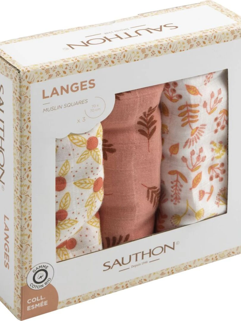 Lot de 3 langes en coton bio Esmée (70 x 70 cm)   Orange