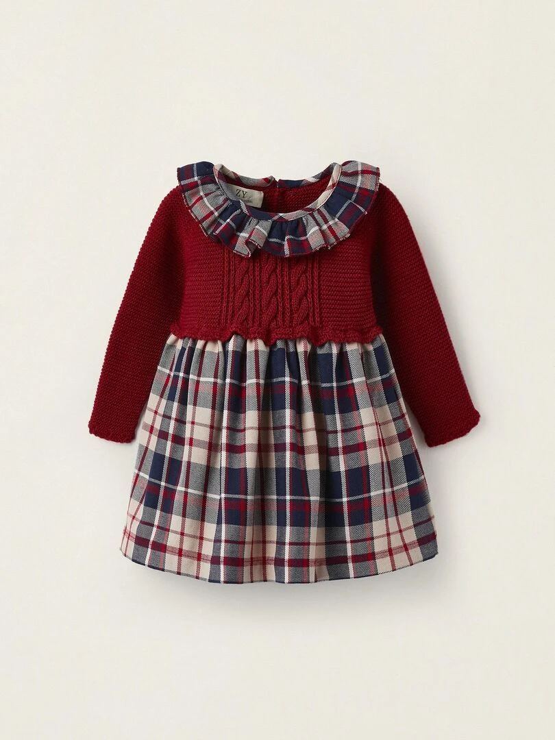 Robe à carreaux en maille et coton pour nouveau né 'B&S' manches longues NOËL Rouge foncé