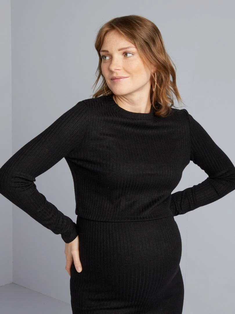 Pull cropped grossesse en maille côtelée noir