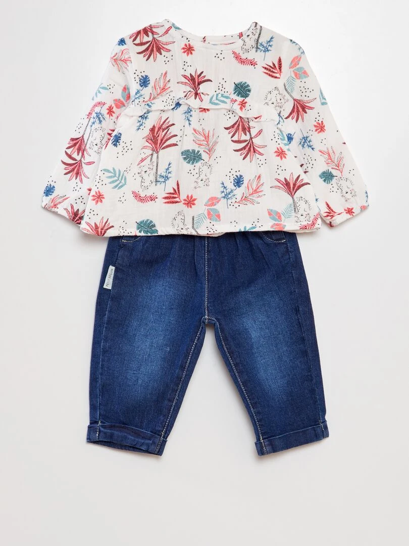 Ensemble blouse + jean Blanc/rose/bleu