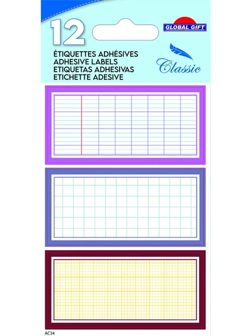 12 étiquettes adhésives scolaires Quadrillé effet cahier tons roses N/A