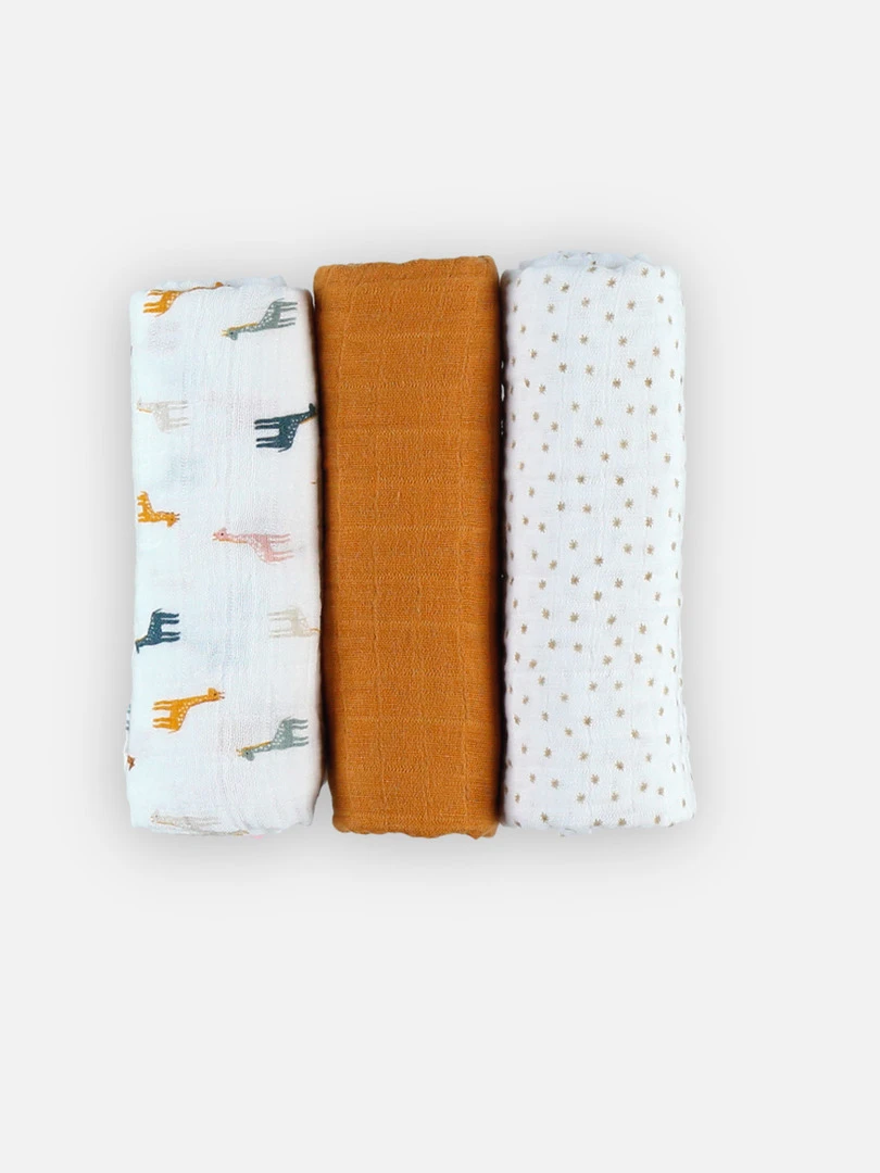 Set de 3 langes en mousseline BIO 70 x 70 cm et ochre N/A
