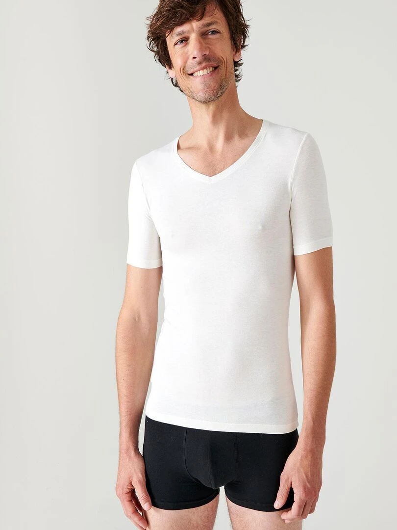 T shirt manches courtes col V Thermolactyl Sensitive Damart Ecru