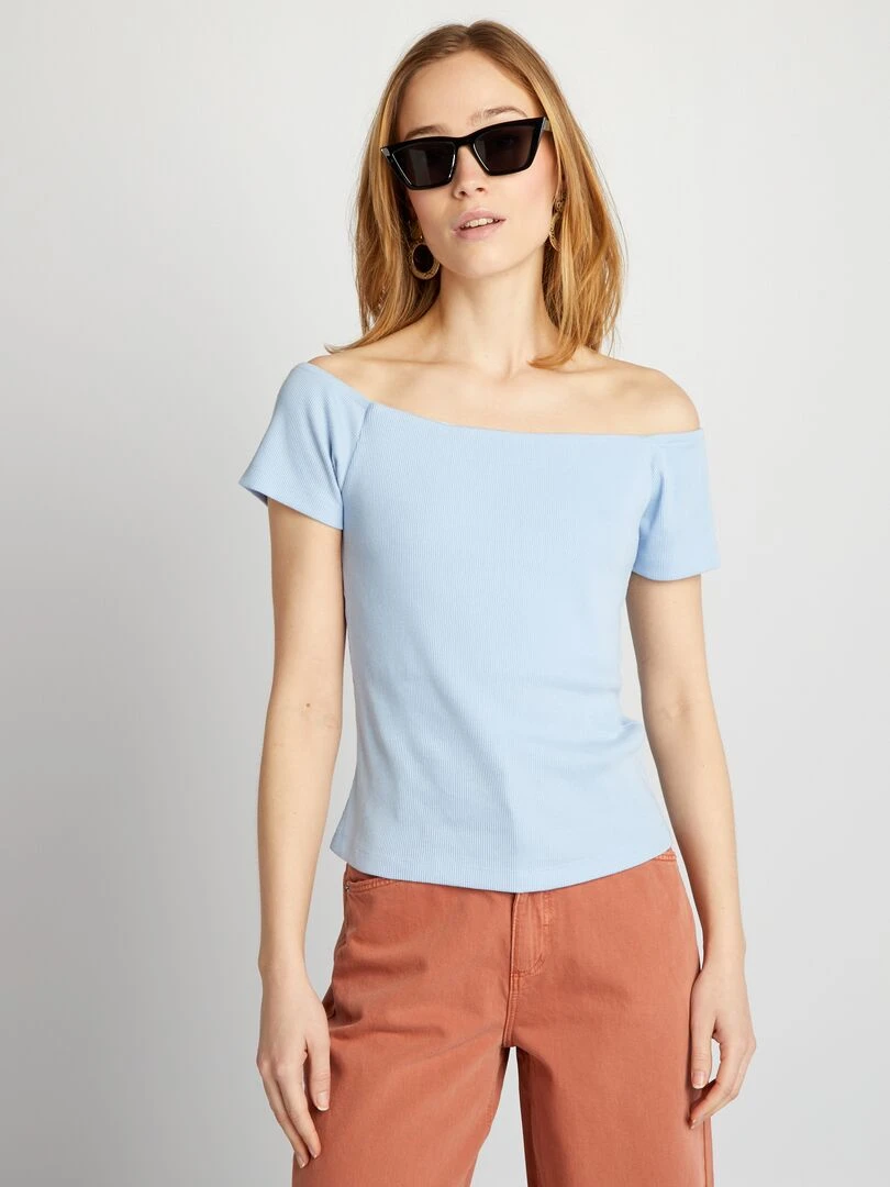 T shirt bardot en maille cotelée   Bleu ciel
