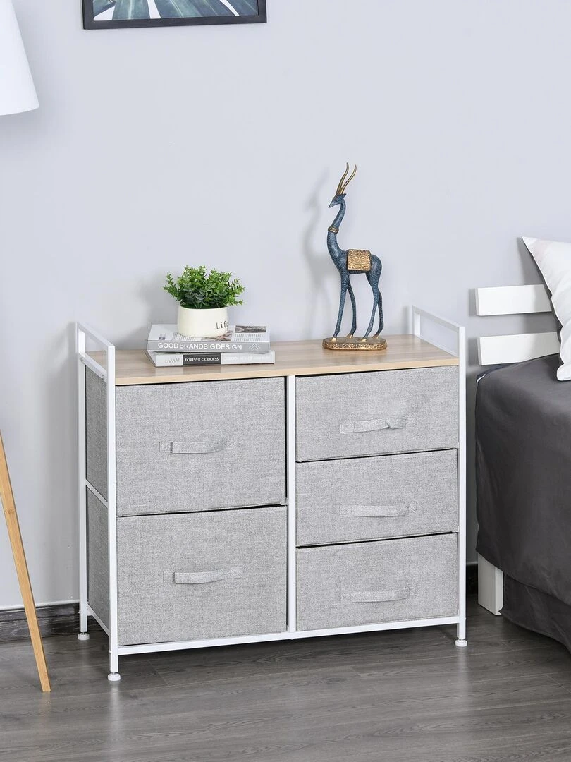 Commode Meuble de Rangement 5 Tiroirs Amovibles pour Chambre Salon Cuisine 83 x 29 x 77 cm Gris Gris