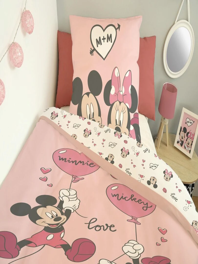 DISNEY   Housse de couette Mickey et Minnie 140x200 cm   100% Coton   Rose   Rose