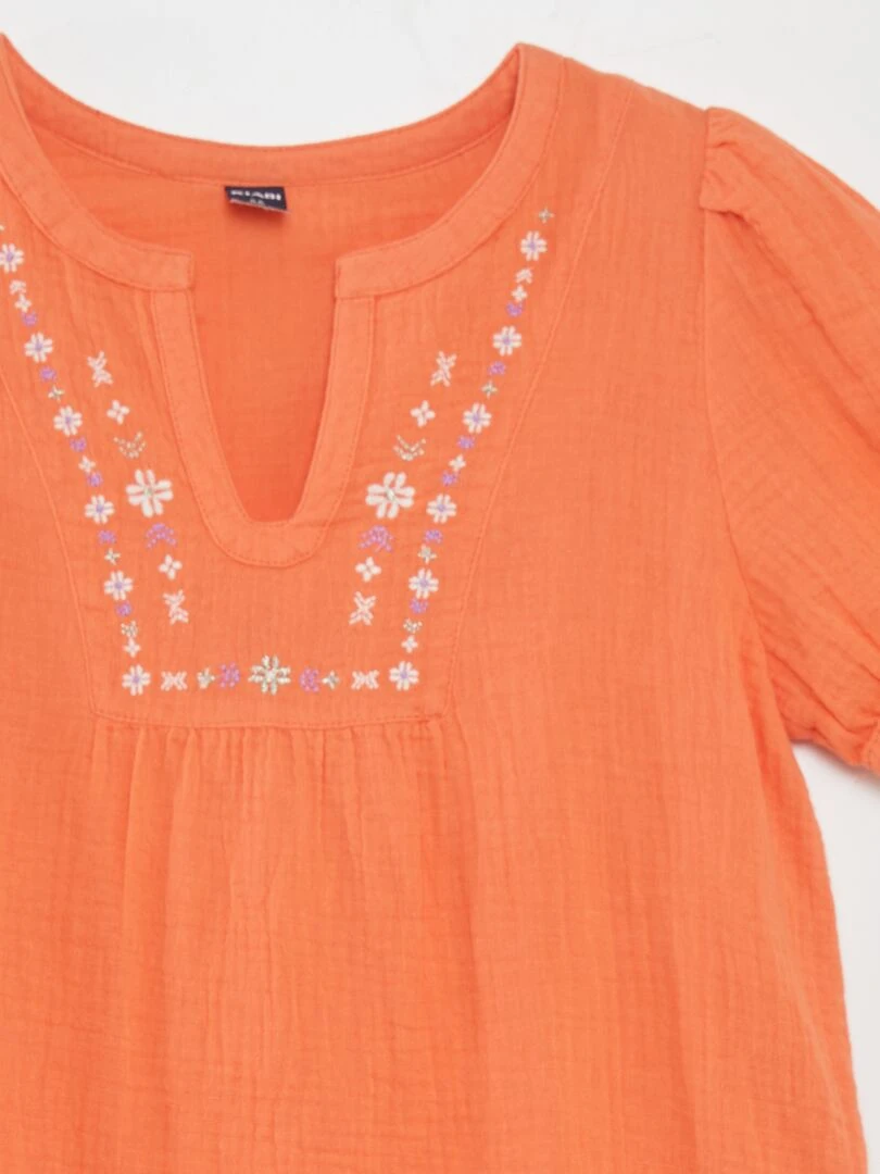 Robe en gaze de coton à manches ballons   Orange