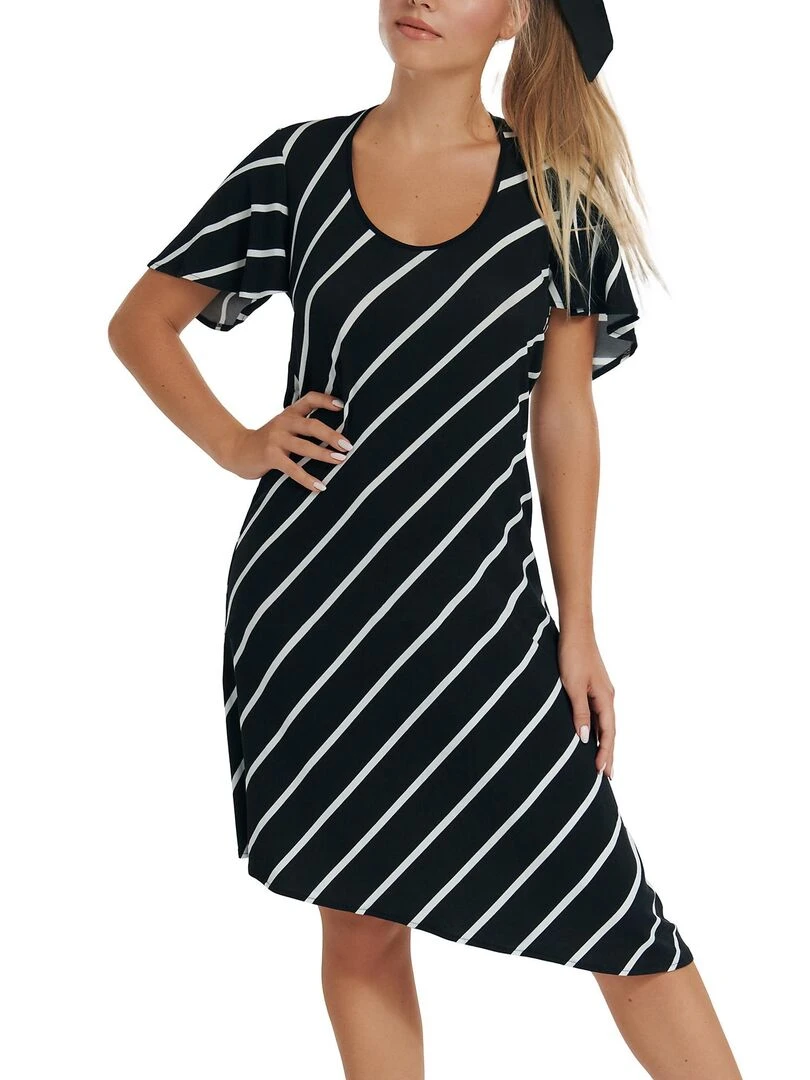Robe estivale asymétrique manches courtes Rhodes Noir