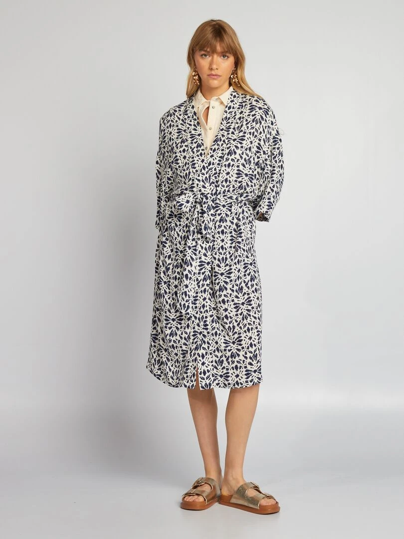 Kimono imprimé à ceinture   Bleu marine