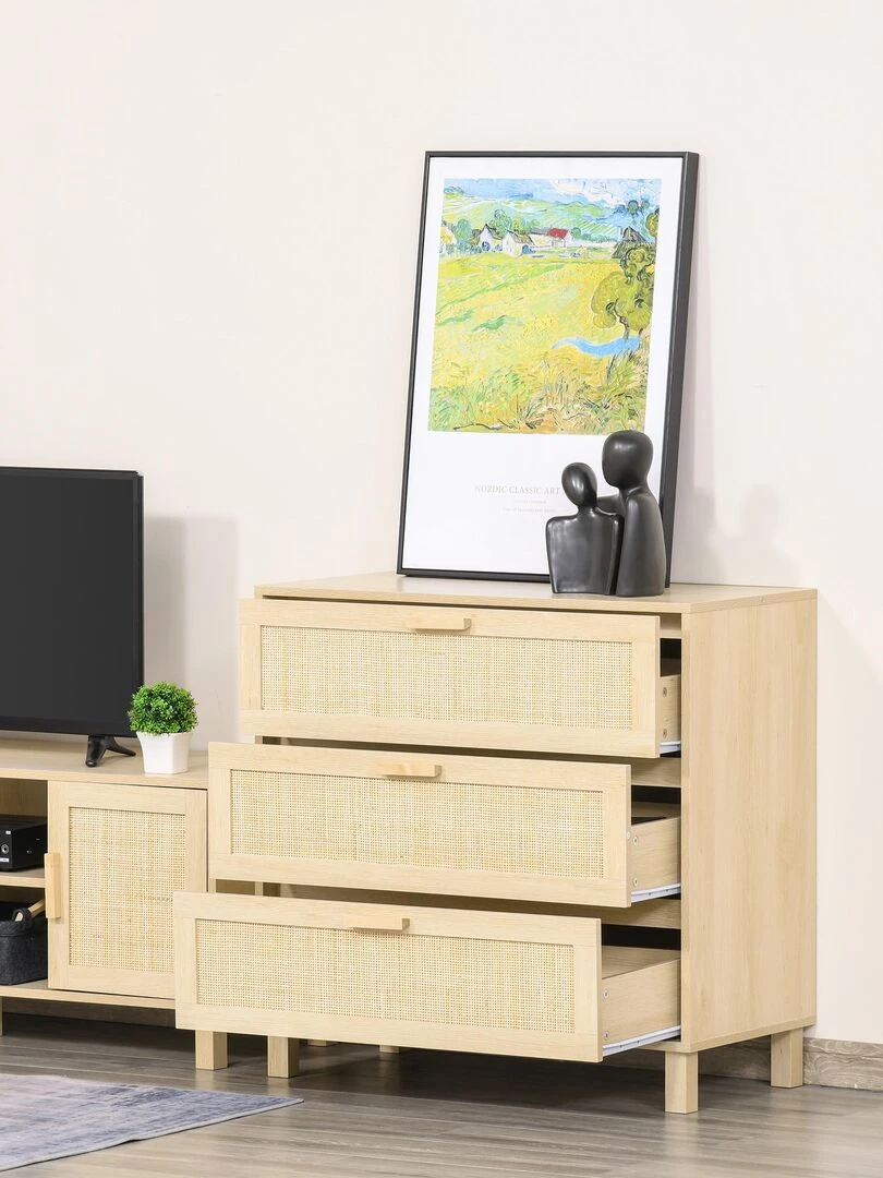 Commode 3 tiroirs cannage en rotin MDF aspect bois clair   Beige